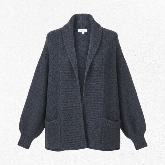 1980s Black Boucle Knit Shawl Cardigan Minimalist Wool Blend Jacket Size Small - Picture 1 of 7